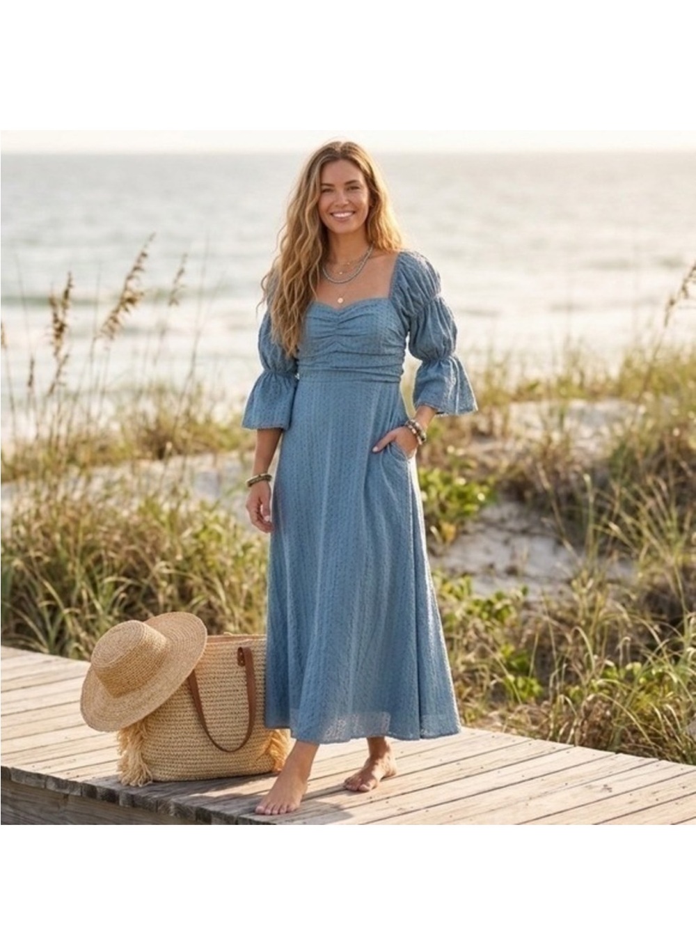 Worth Collective Slate Blue Corrine Maxi Dress M Coastal Boho Chic Cottagecore